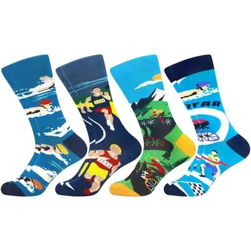 Produktbild: WeciBor Herren Lustige Bunte Triathlon Sport Socken, 4 Paar Mehrfarbig Schwimmen Radfahren Laufen, Größe 43-46