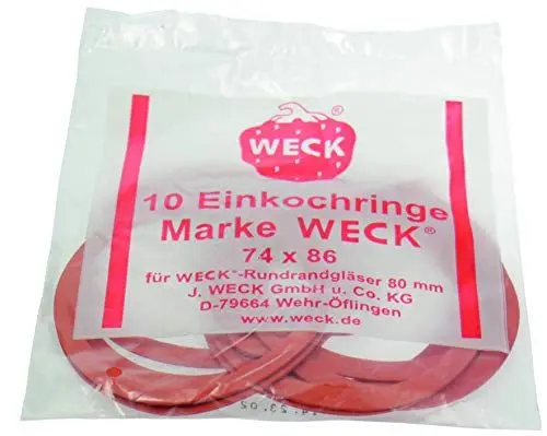 Produktbild: Weck 6446 Gummiringe 74 x 86·· Hochwertige Dichtungsringe·· geeignet für Weck Rundrandgläser 100·· zum Verschließen während dem Einkochen / Einwecken·· 10 Stück, passend für Deckel Durchmesser 80mm, Rot