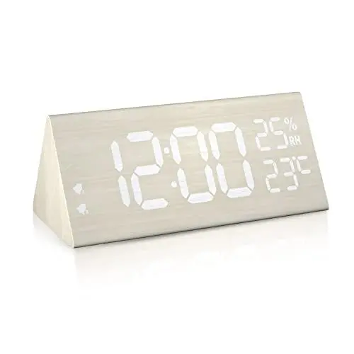 Produktbild: hinrey Wecker Digital Holz, LED Tischuhr Holzoptik 7 Helligkeit und 5 Lautstärke Dual Alarm Digital Uhr USB Netzanschluss Weiß