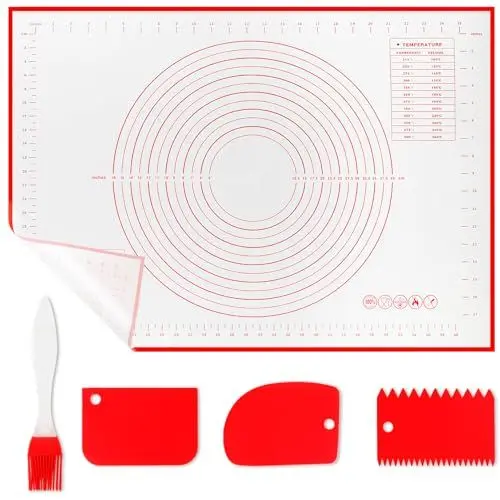 Produktbild: WECUTE Backmatte Silikon 70 x 50 cm Backunterlage Silikon Rutschfeste mit Messung, Wiederverwendbar Fondant Zubehör für Teig, Fondant, Macarons, Kekse (Mit 3 Stück Teigschaber 1 Bürsten) (Rot)