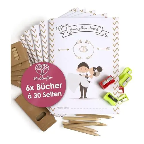 Produktbild: WeddingTree 6x Hochzeitsmalbuch Kinder - Malbuch Hochzeit für Kinder mit Buntstifte und Anspitzer – Gastgeschenke Hochzeit - Hochzeit Malbuch Kinder