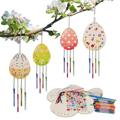 Produktbild: WEDNOK 10tlg Ostereier Windspiel Bastelset Ostern Eier Basteln Holz Osterei Bastelsets Osterbasteln Kinder Klangspiele Bastelhandwerk zum Bemalen für Osterndeko Frühling Mädchen Junge