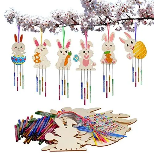 Produktbild: WEDNOK 12tlg Osterhase Windspiel Bastelset Kinder Hase Basteln Ostern Kunsthandwerk Kaninchen Klangspiele Osterbasteln Hasen Bastelhandwerk zum Bemalen für Osterndeko Mädchen Junge