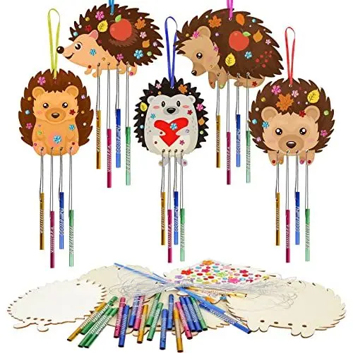 Produktbild: WEDNOK 5tlg Igel Windspiel Bastelset Kinder Herbst Basteln Holz Herbstdeko Bastelhandwerk Kreativsets Igel Klangspiele zum Basteln für Erntedankfest Herbst Mädchen Junge