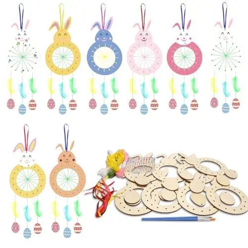 Produktbild: WEDNOK 8 Stück Osterhasen Traumfänger Bastelset Hasen Holz Basteln Kinder Ostern Dreamcatcher Kunsthandwerk DIY Osterbastelset zum Bemalen Ostergeschenk Kreativsets für Mädchen Jungen Ostern