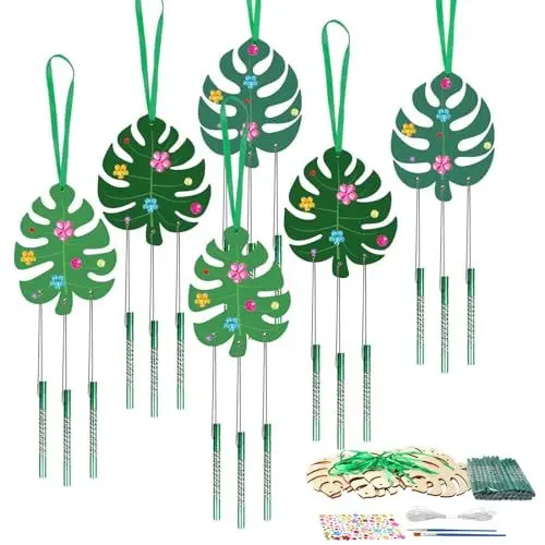 Produktbild: WEDNOK 9 Stück Blätter Windspiel Bastelset Kinder Palmenblätter Klangspiel Basteln Holz Palm Sunday Party Monstera Kreativsets für Mädchen Junge Hawaiian Luau Dschungel Tropische