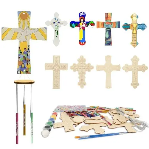Produktbild: WEDNOK 9 Stück Kreuze Windspiel Bastelset Holz Ostern Basteln Bastelhandwerk zum Bemalen Holzkreuz zum Basteln Klangspiel Kreative Sets für Mädchen Jungen Osterszeit