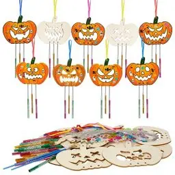 Produktbild: WEDNOK 9 Stück Kürbis Windspiel Bastelset Halloween Basteln Kinder Holz Bastelhandwerk zum Bemalen Pumpkin Holzbastelset Klangspiel Kreativsets für Mädchen Junge Halloween
