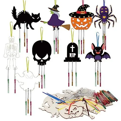 Produktbild: WEDNOK 9 Stück Windspiel Bastelset Halloween Basteln Kinder Holz Bastelhandwerk zum Bemalen mit Fledermaus Kürbis Hexen Spinnen Klangspiel Kreativsets für Mädchen Junge Halloween, 9Stil