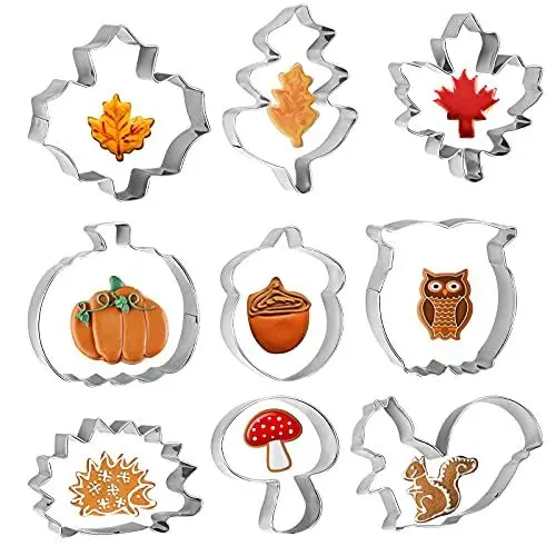 Produktbild: WEDNOK 9pcs Herbst Ausstechformen Erntedankfest Ausstecher Blätter Keksausstecher Edelstahl DIY Plätzchenausstecher mit Ahornblatt Eichenblatt Eichhörnchen Eichel Igel Kürbis für Keks Fondant Backen