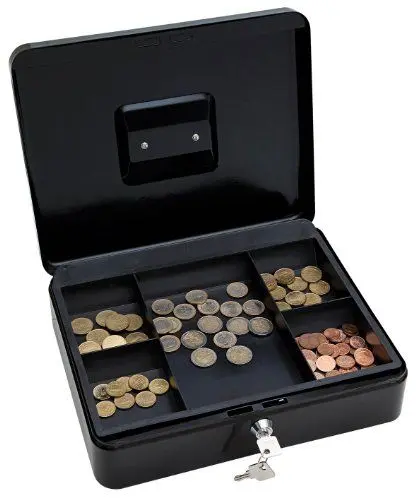 Produktbild: WEDO 145421X Geldkassette (aus pulverbeschichtetem Stahl, versenkbarer Griff, 5-Fächer-Münzeinsatz, Sicherheits-Zylinderschloss, 30 x 24 x 9 cm) schwarz