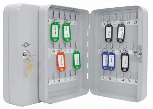 Produktbild: Wedo 10253637X Schlüsselschrank (für 36 Schlüssel, pulverbeschichtetes Stahlblech 18 x 6 x 25 cm, Sicherheitsschloß inklusive 2 Schlüssel, lichtgrau