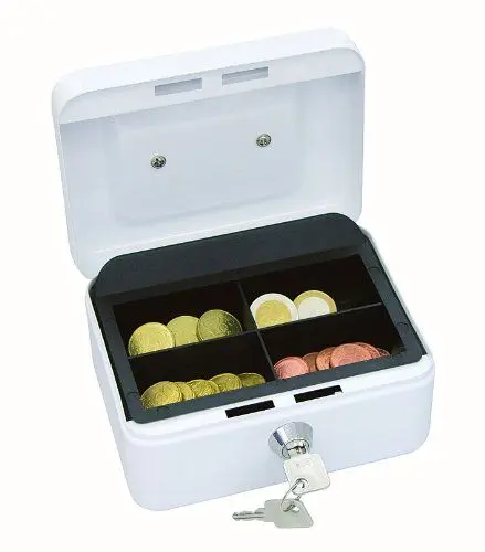 Produktbild: Wedo 145100X Geldkassette (aus pulverbeschichtetem Stahl, versenkbarer Griff, 4-Fächer-Münzeinsatz, Sicherheits-Zylinderschloss, 15,2 x 11,5 x 8,0 cm) weiß