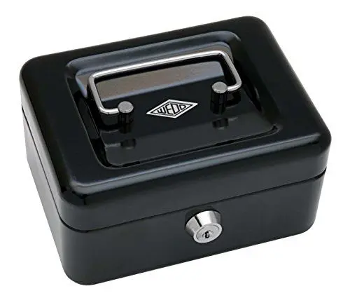 Produktbild: Wedo 145121X Geldkassette (aus pulverbeschichtetem Stahl, versenkbarer Griff, 4 -Fächer-Münzeinsatz, Sicherheits-Zylinderschloss, 15,2 x 11,5 x 8,0 cm) schwarz