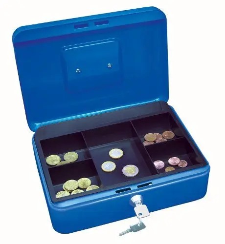 Produktbild: Wedo 145303X Geldkassette (aus pulverbeschichtetem Stahl, versenkbarer Griff, 5-Fächer-Münzeinsatz, Sicherheits-Zylinderschloss, 25 x 18 x 9 cm) blau