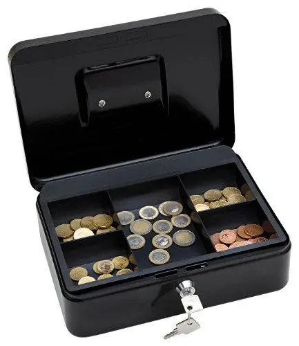 Produktbild: Wedo 145321X Geldkassette (aus pulverbeschichtetem Stahl, versenkbarer Griff, 5-Fächer-Münzeinsatz, Sicherheits-Zylinderschloss, 25 x 18 x 9 cm) schwarz