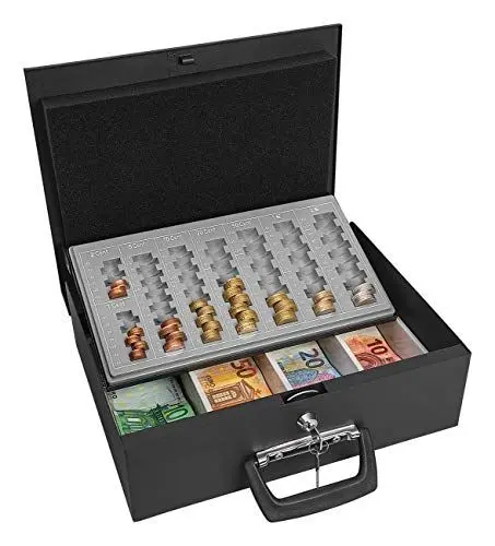 Produktbild: Wedo 150100801 Geldzählkassette Universa (aus Stahlblech, für Hart- und Papiergeld, mit zwei Tragegriffen und 4-Fächereinsatz für Geldscheine, 35,5 x 27,5 x 10 cm) schwarz