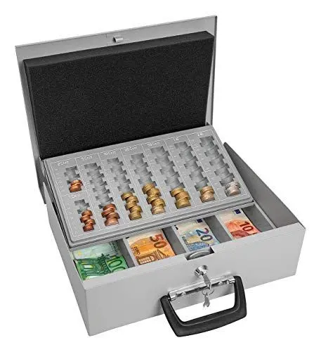 Produktbild: Wedo 150100837 Geldzählkassette Universa (aus Stahlblech, für Hart- und Papiergeld, mit zwei Tragegriffen und 4-Fächereinsatz für Geldscheine, 35,5 x 27,5 x 10 cm) lichtgrau