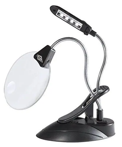 Produktbild: Wedo 27175201 Tischlupe mit LED Lampe, Kunststoff Linse Ø 10,2 cm, 2 fach / 4 fach Vergrößerung, 4x Licht, flexibler Hals, Klemme, schwarz