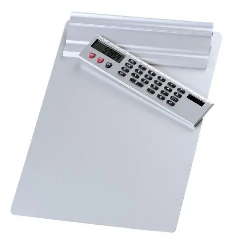 Produktbild: Wedo 57954 Klemmbrett A4, Alumnium Schreibplatte, abnehmbarer Solar Taschenrechner, Aufhängemöglichkeit, silber