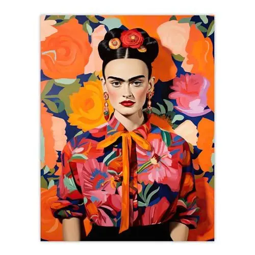 Produktbild: Wee Blue Coo Fierce Mexican Artist Woman Vibrant Oil Painting Orange Pink Blue Bold Floral Portrait Large Wall Art Poster Print Thick Paper 18X24 Inch