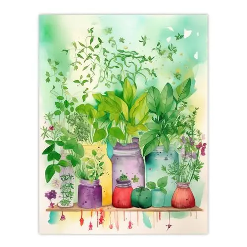 Produktbild: Wee Blue Coo The Herb Shelf Folk Art Watercolour Painting Bright Kitchen Artwork Fresh Herb Plant Pots Extra Large XL Wall Art Poster Print