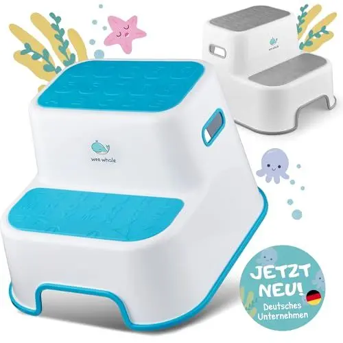 Produktbild: wee whale Tritthocker Kinder 2 Stufen (rutschfeste OBERFLÄCHE) - Hocker Kinder mit pädagogischem Mehrwert - Kinderhocker Badezimmer, Kindertritt für Waschbecken, Badhocker Kinder (Grau)