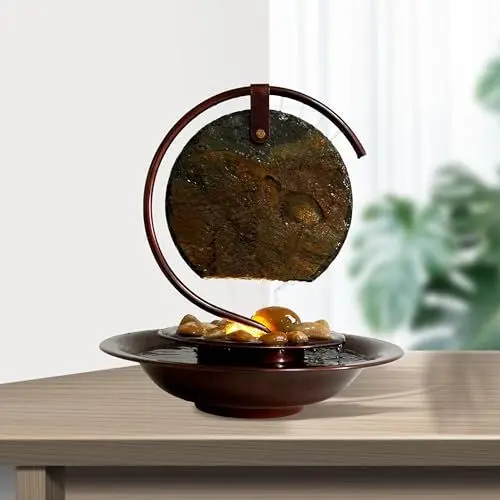 Produktbild: Weejian Drinnen Wasserfall Tischplatte Mond Brunnen, Heimdekoration, beruhigender Regenklang, Meditation, entspannende Brunnen, Wasserspiel aus Naturschiefer mit Licht für die Raumdekoration-34cm Höhe