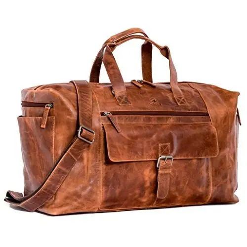 Produktbild: Weekender Aiko echt Leder Reisetasche Herren und Damen mit Laptopfach braun- Sporttasche zum Umhängen Handgepäck - Trainingstasche Gym Fitness Tasche Ledertasche Overnight Duffle Bag (Aiko BD)