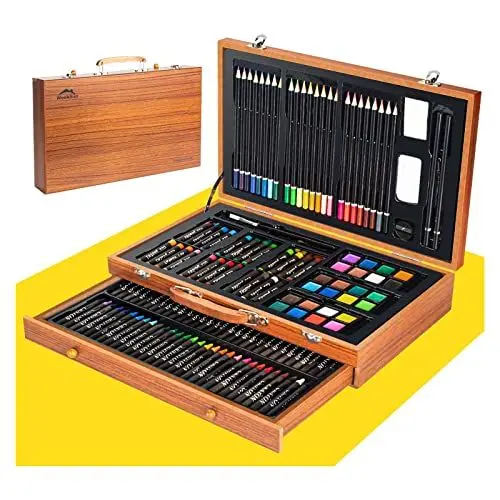 Produktbild: WEEKSUN Malset 141 Teiliges, Holz Malkoffer für Kinder, Deluxe Kunst Set Zeichenset mit Buntstiften, Ölpastellkreiden, Buntstiften, Skizzenstiften, Aquarellkuchen, Pinsel, Spitzer, Radiergummi