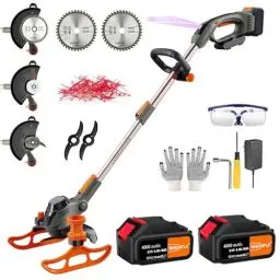Produktbild: WeGofly Akku-Rasentrimmer, (2 x 21V 4.0A Akku und schnelles Ladegerät), 4-in-1-Rasentrimmer/Radkantenschneider/Mini Rasenmäher/Freischneider, mit 2X Sägeblätter, 2X Metallmesser, 20x Trimmerfaden