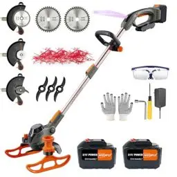 Produktbild: WeGofly Akku-Rasentrimmer, (2 x 21V Akku und schnelles Ladegerät), 4-in-1-Rasentrimmer/Radkantenschneider/Mini Rasenmäher/Freischneider, mit 2X Sägeblätter, 3X Metallmesser, 30x Trimmerfaden