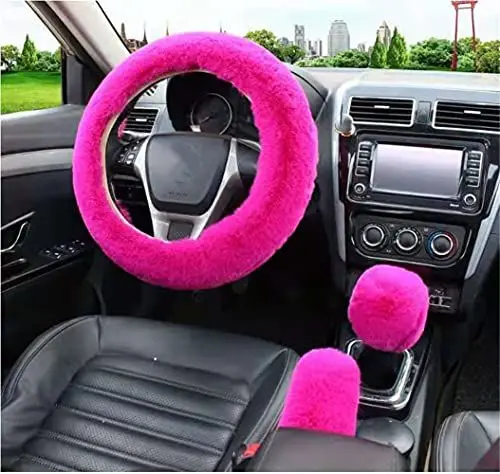 Produktbild: Weiche Plüsch Auto Lenkradhülle,MoreChioce Komfortable Auto Lenkradbezug Winter Schaltknauf Schutzhülle Warm Handbremse Abdeckung Lenkradschoner Set für Lenkraddurchmesser 37cm bis 40cm,Rosa Rot