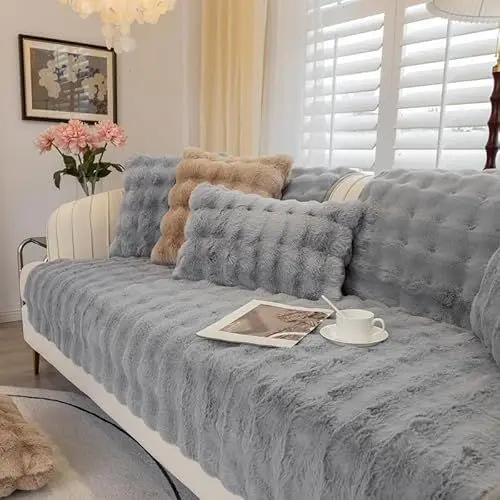 Produktbild: Weiche Plüsch Sofabezug Waschbar - Neue Rutschfeste Sofa überzug 1 2 3 4 Sitzer Couch überzug für Sektionssofa, Flauschiger Kunstpelz Sofa Sitzkissenbezug L Form Möbelschutz (Hellgrau, 70x150cm)