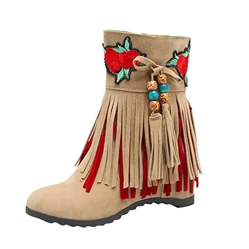 Produktbild: Weiche Stiefel, die die inneren Winter-Mode-warmen flachen Stickerei-Blumen-Stiefel der Frauen mit Fransen erhöhen Sneaker Damen Weiß Western Cowboy Boots Schuhe (Khaki, 39)