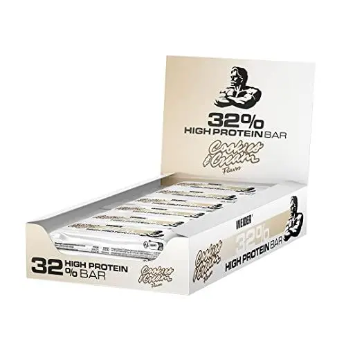 Produktbild: WEIDER 32% Protein Riegel, leckerer Eiweißriegel mit zartem Schokoladenüberzug, hoher Proteingehalt, Energieriegel, Muskelaufbau Snack, Cookies & Cream, 12 x 60 g