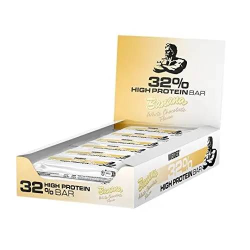 Produktbild: WEIDER 32% Protein Riegel, leckerer Eiweißriegel mit zartem Schokoladenüberzug, hoher Proteingehalt, Energieriegel, Muskelaufbau Snack, White Chocolate Banana, 12 x 60 g