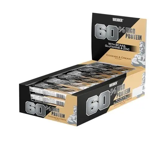 Produktbild: WEIDER 60% Proteinriegel, Eiweißriegel mit dem höchsten Proteingehalt auf dem Markt, High Protein Riegel mit Glutamin und BCAA für Muskelaufbau und Fitness, 24 Stück á 45g, Cookies & Cream