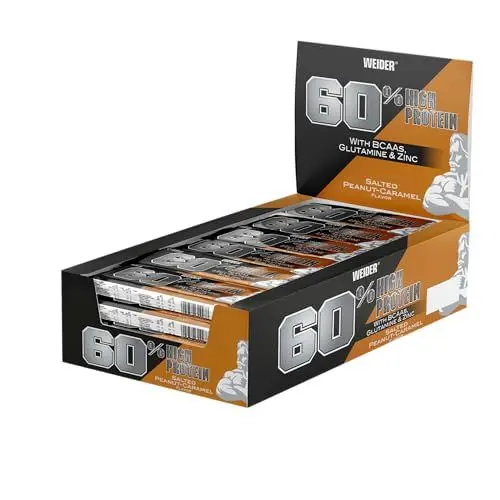Produktbild: WEIDER 60% Proteinriegel, Eiweißriegel mit dem höchsten Proteingehalt auf dem Markt, High Protein Riegel mit Glutamin und BCAA für Muskelaufbau und Fitness, 24 Stück á 45g, Salted Peanut-Caramel