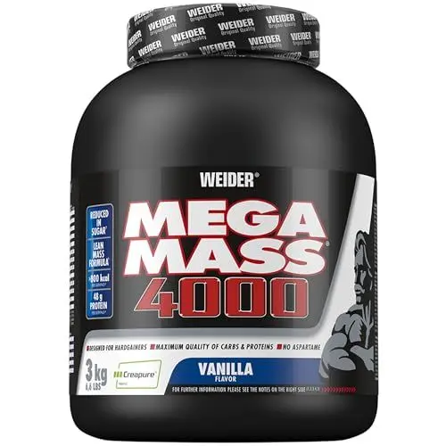 Produktbild: Weider Mega Mass 4000 - Weight Gainer Pulver mit 48g Protein & Kreatin pro Portion - Für Muskelaufbau & hohe Kalorienaufnahme - 3kg - Vanille