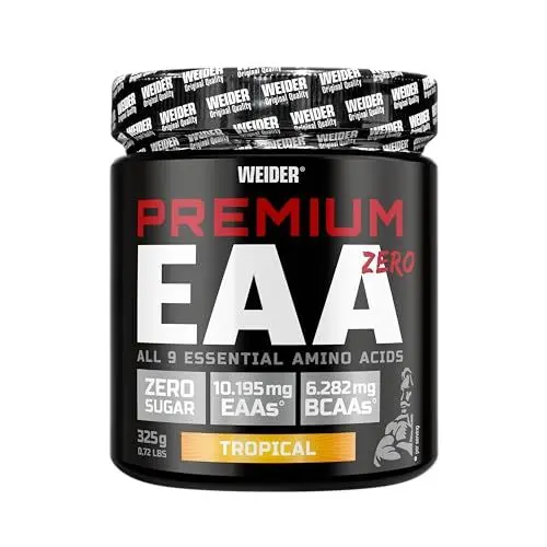 Produktbild: WEIDER Premium EAA Pulver Zero, Tropical Geschmack, alle 9 essentiellen Aminosäuren hochdosiert, leicht lösliches für leckeren Amino Drink mit hohem BCAA Gehalt, vegan & zuckerfrei, 325 g