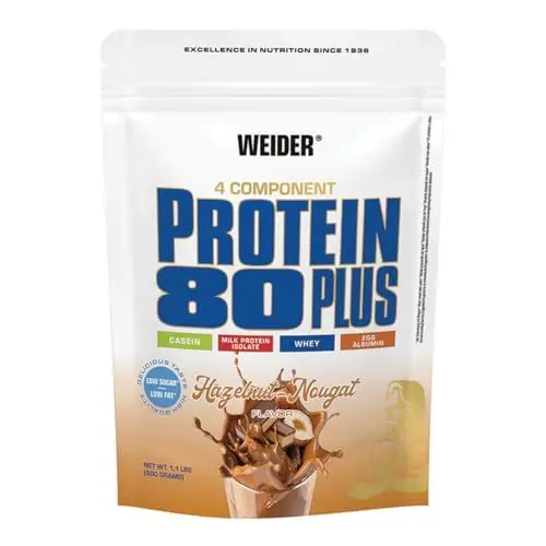Produktbild: Weider - Protein 80 Plus - 4-Komponenten Protein Pulver - Hoher Proteingehalt mit 80% Eiweiß - Cremige Shakes mit Calcium & Vitamin B6 - 500g - Haselnuss-Nougat
