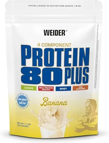 Produktbild: Weider - Protein 80 Plus - 4-Komponenten Protein Pulver - Hoher Proteingehalt mit 80% Eiweiß - Cremige Shakes mit Calcium & Vitamin B6 - 500g - Banane
