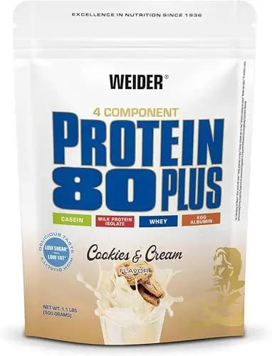 Produktbild: WEIDER Protein 80 Plus Mehrkomponenten Protein Pulver, Eiweißpulver für cremige, unverschämt leckere Eiweiß Shakes, Kombination aus Whey, Casein, Milchprotein-Isolat & Ei-Protein, Cookies &Cream, 500g