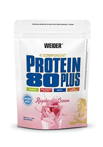 Produktbild: Weider - Protein 80 Plus - 4-Komponenten Protein Pulver - Hoher Proteingehalt mit 80% Eiweiß - Cremige Shakes mit Calcium & Vitamin B6 - 500g - Himbeer-Sahne