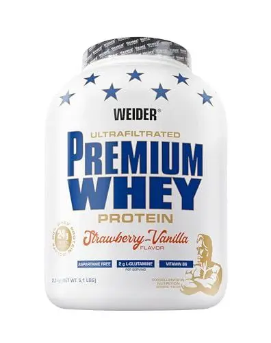 Produktbild: Weider Premium Whey Protein Pulver, unverschämt leckeres Eiweißpulver mit Isolat für Muskelaufbau mit hohem Anteil an EAA, BCAA und freiem L-Glutamin, perfekte Löslichkeit, Erdbeer-Vanilla, 2,3kg