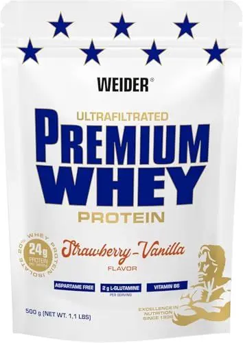 Produktbild: Weider Premium Whey Protein Pulver - Hoher Proteingehalt, wenig Kohlenhydrate & wenig Fett mit L-Glutamin und Vitamin B6-500g - Erdbeer-Vanilla