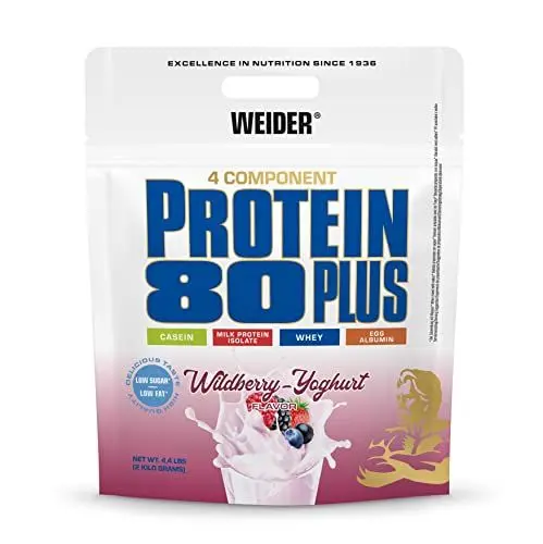 Produktbild: Weider - Protein 80 Plus - 4-Komponenten Protein Pulver - Hoher Proteingehalt mit 80% Eiweiß - Cremige Shakes mit Calcium & Vitamin B6 - 2kg - Waldfrucht-Joghurt