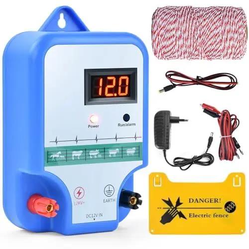 Produktbild: Weidezaungerät mit Weidezaun Seil 200 m,230V Elektrischer Weidezaun 2Joule Output,12kV 15KM Elektrozaun für hunde hühner pferde Ochse Schaf Schwein Geflügel,Vieh,Steuergerät zum Schutz von Gärten
