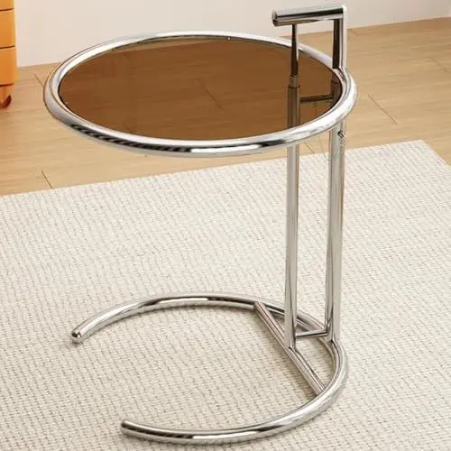 Produktbild: WEIDPHL Runder Beistelltisch Aus Glas, Beistelltisch Aus Edelstahl, Snack-Beistelltisch, Nachttisch, C-Förmiger Beistelltisch Für Couch, Wohnzimmer, Schlafzimmer,Braun